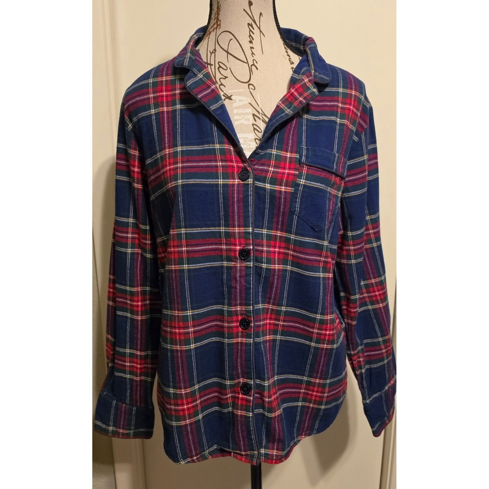 Petite Plume Navy Red Plaid Windsor Tartan Flannel Pajama Top Sleep Shirt Small